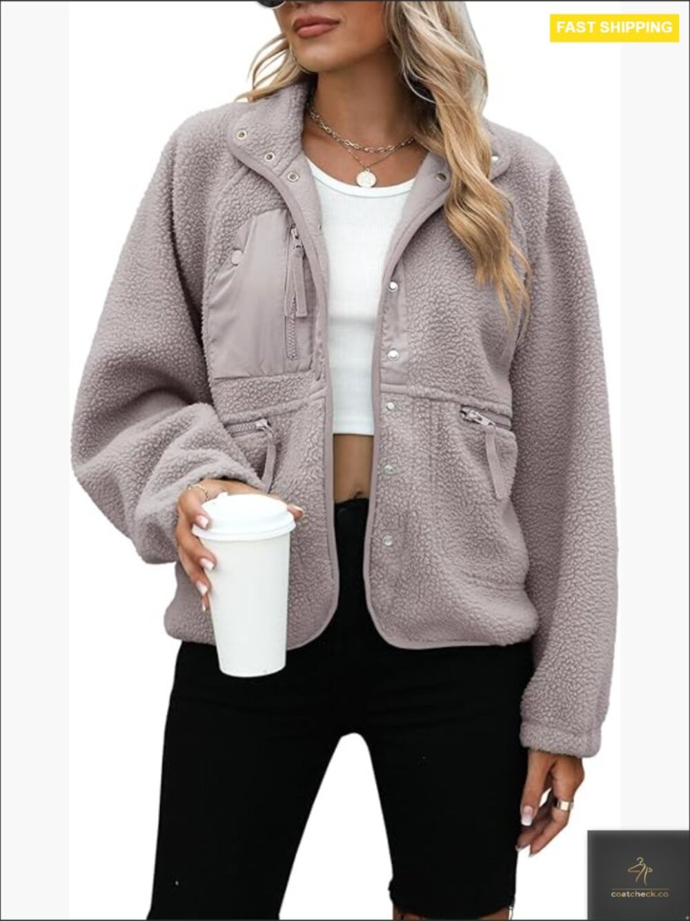 Fleece Sherpa Jacket Oversized Fit Cropped Button Down Long Sleeve Winter
